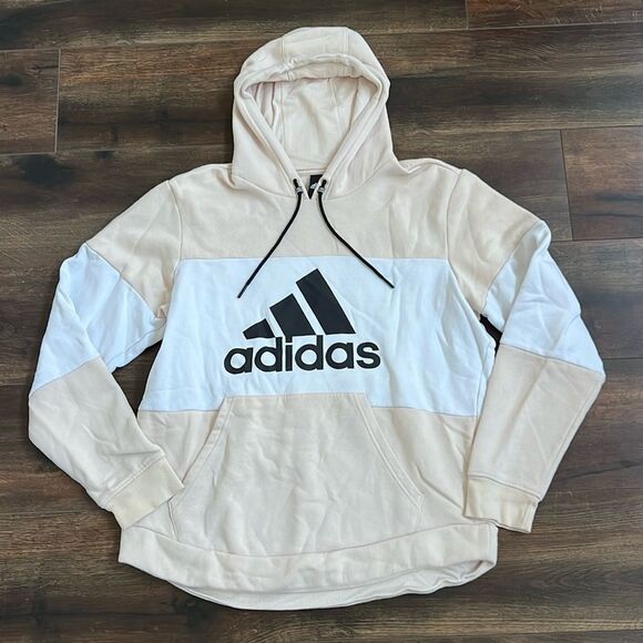 ADIDAS Men’s Sweatshirt Size Large Beige & White Hoodie Graphic Logo Fleece - Picture 1 of 8